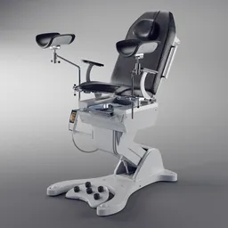 Detailed 3D model of an adjustable gynecological examination chair with footrests, rendered in Blender.