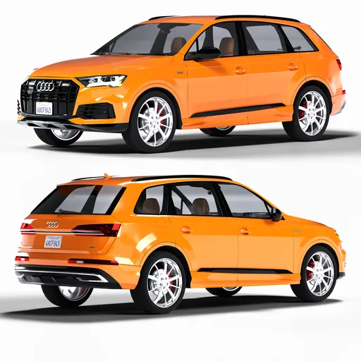 Highly detailed orange SUV 3D model with procedural shader for realistic textures, fully rigged for animation in Blender.
