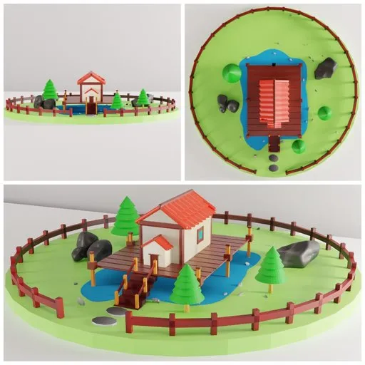 Detailed 3D model of a quaint cottage with a red roof, surrounded by a wooden fence and greenery, ideal for Blender rendering.