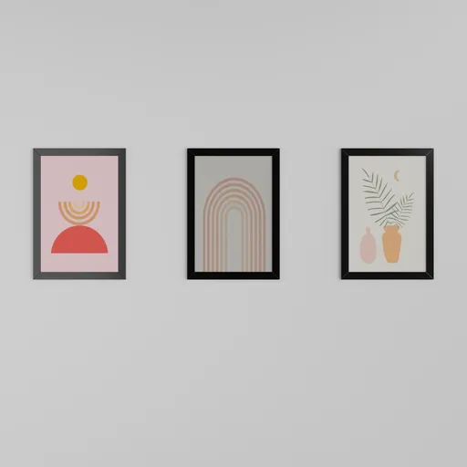 Trio of framed abstract art 3D models for interior visualization in Blender.
