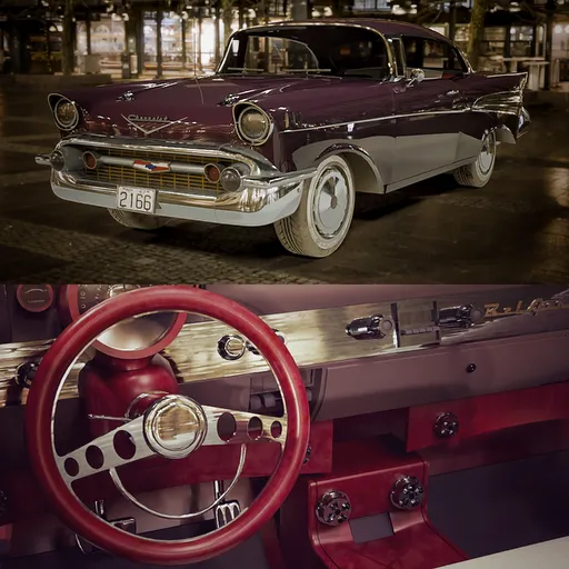 Highly detailed Chevrolet 1957 Blender 3D model, showcasing exterior design and interior dashboard.