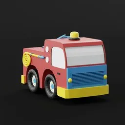 "Lowpoly fire truck model for Blender 3D: Ideal for playful games and animations. This toy fire engine sits on a black surface, invoking childhood nostalgia. Created in Blender and suitable for fun-filled projects in the fire department category."