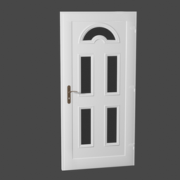 "White plastic entrance door with glass inserts - high quality 3D model for Blender 3D. Featuring wooden trim and precise detailing for realistic renders. Perfect for architectural visualization projects."