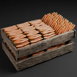 Detailed 3D model of carrots neatly arranged in a wooden crate for Blender, with realistic textures and materials.