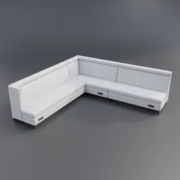 Alt text: "White sectional couch with wooden base made of fabric and wood, split into three pieces. 3D model for Blender 3D by Matthias Weischer available on BlenderKit."