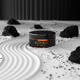 3D Blender mockup scene with a product on a textured, patterned surface surrounded by charcoal elements.