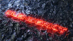 Detailed 3D text animation with glowing red letters against a rough, dark texture in Blender.
