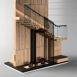 Detailed wooden U-shaped staircase model with glass railings and step illumination for Blender 3D visualization.