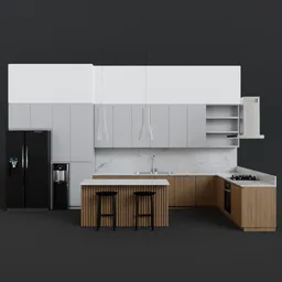 "Get your hands on this impressive Kitchen Set 3D model created in Blender 3D. Includes a refrigerator, sink, and stove, and rendered in Lumion Pro for a modern New York feel. Download for free and bring expansive grandeur to your virtual kitchen designs."