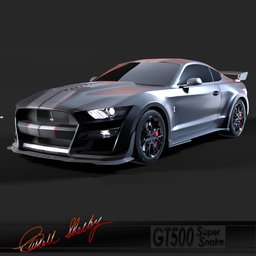 "Ford Shelby Mustang 3D model with 650+hp supercharged engine, based on 2015 Mustang GT, created in Blender 3D for luxury supercar category. Inspired by Stan Galli's design with black strokes, red facial stripe, and signature snake-face lady. Perfect for 3D videogame renders and animations."