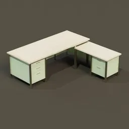 Vintage-style 3D model of an office desk with drawers for Blender rendering, ideal for retro office scenes.