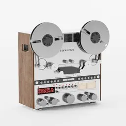 Highly detailed Blender 3D model of a vintage bobbin tape recorder with wooden side panels and realistic textures.