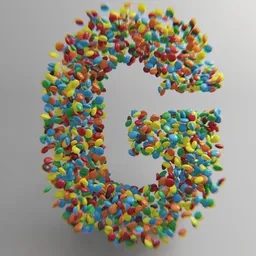3D letter 'G' with colorful particles demonstrating text volume application, ideal for creative Blender 3D projects.