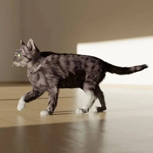 Detailed 3D cat model with IK rig walking pose, designed for Blender, medium poly with customizable fur settings.