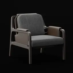 High-detail Blender 3D render of a stylish gray fabric lounge chair with wooden armrests on a dark background.