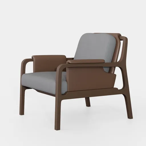 High-detail Blender 3D render of a stylish gray fabric lounge chair with wooden armrests on a dark background.