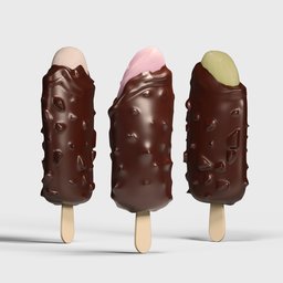 "A mouth-watering 3D model of chocolate-covered ice cream pops with a variety of delicious flavors on sticks, perfect for your digital food projects. This photorealistic model is made to real-world scale and crafted with Blender 3D software. Ideal for foodie artists and designers who need a realistic rendering of their sweet creations."