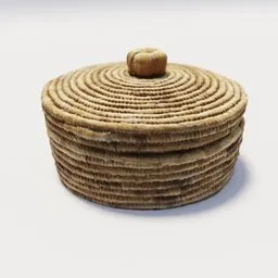 "Natural African-style storage basket with wooden lid, 3D model for Blender 3D. Made of straw and featuring intricate decoration, perfect for historical and architectural designs. Also suitable for displaying recipes and as a decorative element in diverse projects."