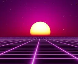 Stylized retro-futuristic HDRI with sun setting over a neon grid for scene lighting.
