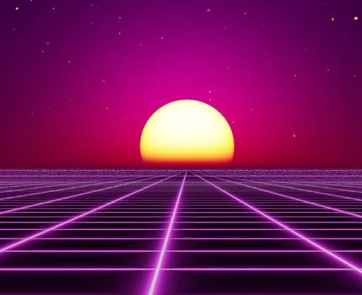 Stylized retro-futuristic HDRI with sun setting over a neon grid for scene lighting.
