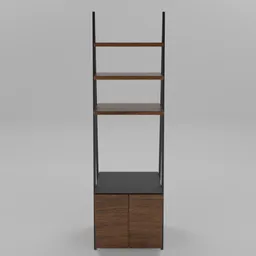 "Wood and black metal shelf with bookshelf and drawer, rendered in 8k. Futuristic tower design with black and brown colors, inspired by The Mazeking and The Stanley Parable. Ideal for Blender 3D models in the machine category."
