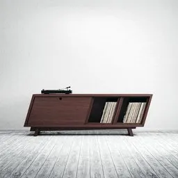 Detailed 3D model of a stylish record player cabinet with vinyl storage, ideal for Blender 3D projects.