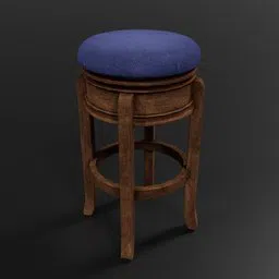 Detailed 3D model of a vintage wooden barstool with blue fabric seat, ideal for Blender 3D projects in restaurant-bar scenes.