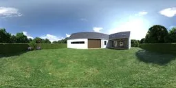 12K HDR image of a house with a well-manicured lawn, trimmed hedges, and purple flowers for scene lighting.