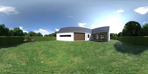 12K HDR image of a house with a well-manicured lawn, trimmed hedges, and purple flowers for scene lighting.