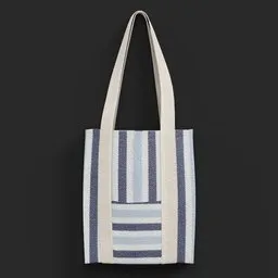 "Scandinavian-designed Eco Bag in blue and white stripes on black surface. Perfect for displaying recipes or as cute casual streetwear accessory. 3D model created with Blender 3D software."
