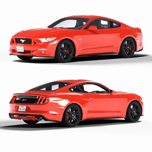Red Ford Mustang 3D model with detailed interior and procedural shaders for customization, ready for animation in Blender.