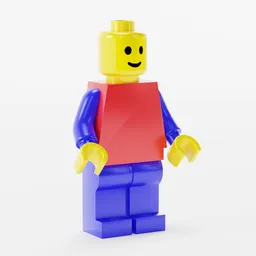 High-quality 3D model of a classic smiling Lego minifigure with red torso and blue legs, compatible with Blender software.