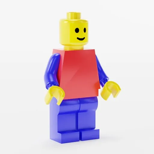 High-quality 3D model of a classic smiling Lego minifigure with red torso and blue legs, compatible with Blender software.