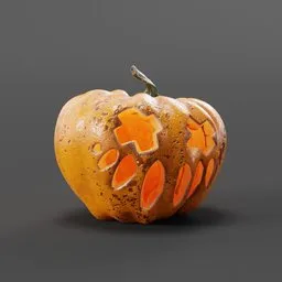 "Highly detailed 3D model of carved Halloween pumpkins on a grey surface with 4k and 8k textures; perfect for Blender 3D software. Featuring interesting skin coloring and a cel-shaded effect, with a background of poison apples and rustic elements. Rustic and frightful, this model is sure to enhance your Halloween scenes."