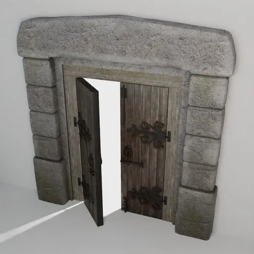Low-poly Blender 3D medieval double door model with PBR textures, suitable for castle and church scenes.
