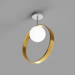 "Leucos Giuko ceiling lamp in Blender 3D: white ball with gold rings, detailed pendant light with celestial flare. Trending on ArtStation and Artforum."