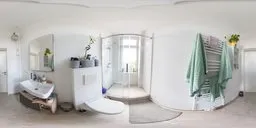 Bright modern bathroom with white fixtures, plants, round mirrors, and glass-door shower for HDR lighting.