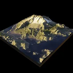 "Isometric voxel landscape of an alpine mountain and lake with terragen terrain, created in Blender 3D. Features dark volcano background, filmic tonemapping and a dwarven aesthetic. Perfect for 3D modeling and game design projects."