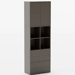 "Discover the Eket wardrobe 3D model for Blender 3D. Based on instructions from the Latvian Ikea store, this steel gray body wardrobe features a drawer and minimalist design. Perfect for a hikkikomori-inspired dark color palette. Rendered in Unigine with evenly spaced one panel and 2D side view."