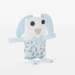 "Kids Toy Costelinha: A blue snappy plush doll with white and teal metallic accents, designed as a prototype for creating your own avatar in Blender 3D. This paper toy of a dog with a tie on features realistically rendered clothing and abstract cloth simulation, perfect for adding a touch of fun to your 3D scenes."