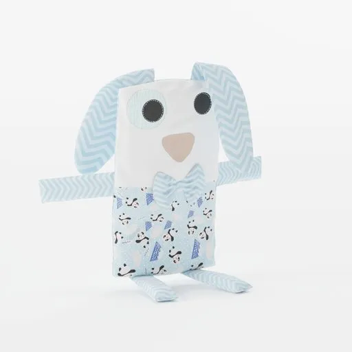 Detailed 3D model of a plush dog toy with patterned ears and body, designed for Blender rendering and animation.