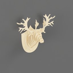 "Decorative wooden deer head 3D model crafted in Blender 3D. Features intricate antlers and highly-detailed skeletal structure, rendered in white wood with an aspect ratio of 16:9. Perfect for art and decoration enthusiasts looking for an IKEA-style touch."