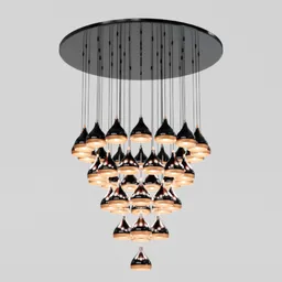 "Experience elegance with the Hanna modern chandelier, a stunning lighting design made with brass, aluminum, gold plating, and white matte shades. This 3D model, created using Blender 3D, features multiple lights hanging from the ceiling, making it perfect for any modern interior. Elevate your space with the award-winning design of Joris van der Haagen and Pieter Janssens Elinga inspirations."