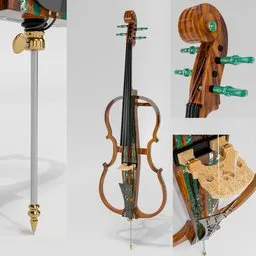 "Blender 3D model of a highly detailed green E Cello with a thorn spike, inspired by James C. Christensen and Ludwik Konarzewski. The model includes a bow and bow rest, as well as tubes, wiring, stroboscope mechanisms, and furnitures for added realism. Perfect for instrument enthusiasts and 3D designers."