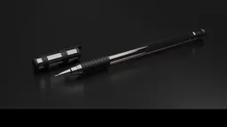 Detailed 3D rendering of a black ballpoint pen with realistic textures on a dark surface, perfect for Blender 3D artists.