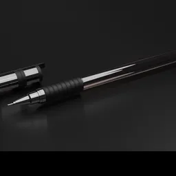 "Photorealistic 3D model of a Black Ballpen on a reflective black surface. Perfect for rendering in Blender 3D. Features a sleek and elegant design with realistic details."