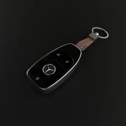 "3D model of a sleek and elegant Benz key with keychain designed for Blender 3D users. This Mercedes key features a Samsung SmartThings system and comes with a dark, ambient occlusion render and black background. Perfect for automotive and technology enthusiasts seeking minimalistic 3D designs."
