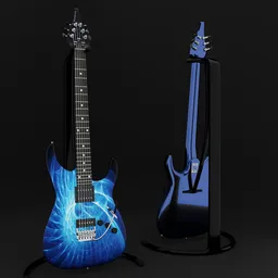 Detailed blue electric guitar 3D model with stand, designed for Blender rendering, showcasing craftsmanship.