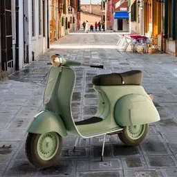 "Vintage VESPA 125 GTR (1974) scooter 3D model for Blender 3D. User note: smooth surface on right cover preserved with DataTransfer modifier. Classic scooter parked in front of a building in Southern European scenery with a hint of Roman Coliseum, 360p render."