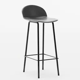 "Black bar stool with backrest and 75 cm seat height, rendered in studio quality using Blender 3D. Ideal for cocktail bars, this photorealistic 3D model features a rounded design and lowres texture."